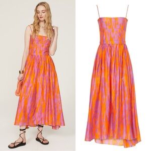 Maria Cher Targatal Patterned Silk Blend Midi Dress Size Medium Purple Orange